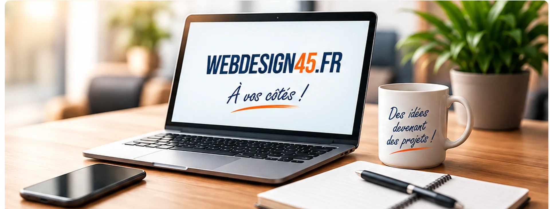 Ordinateur portable dans un espace de travail de webmaster pour WEBDESIGN45.FR