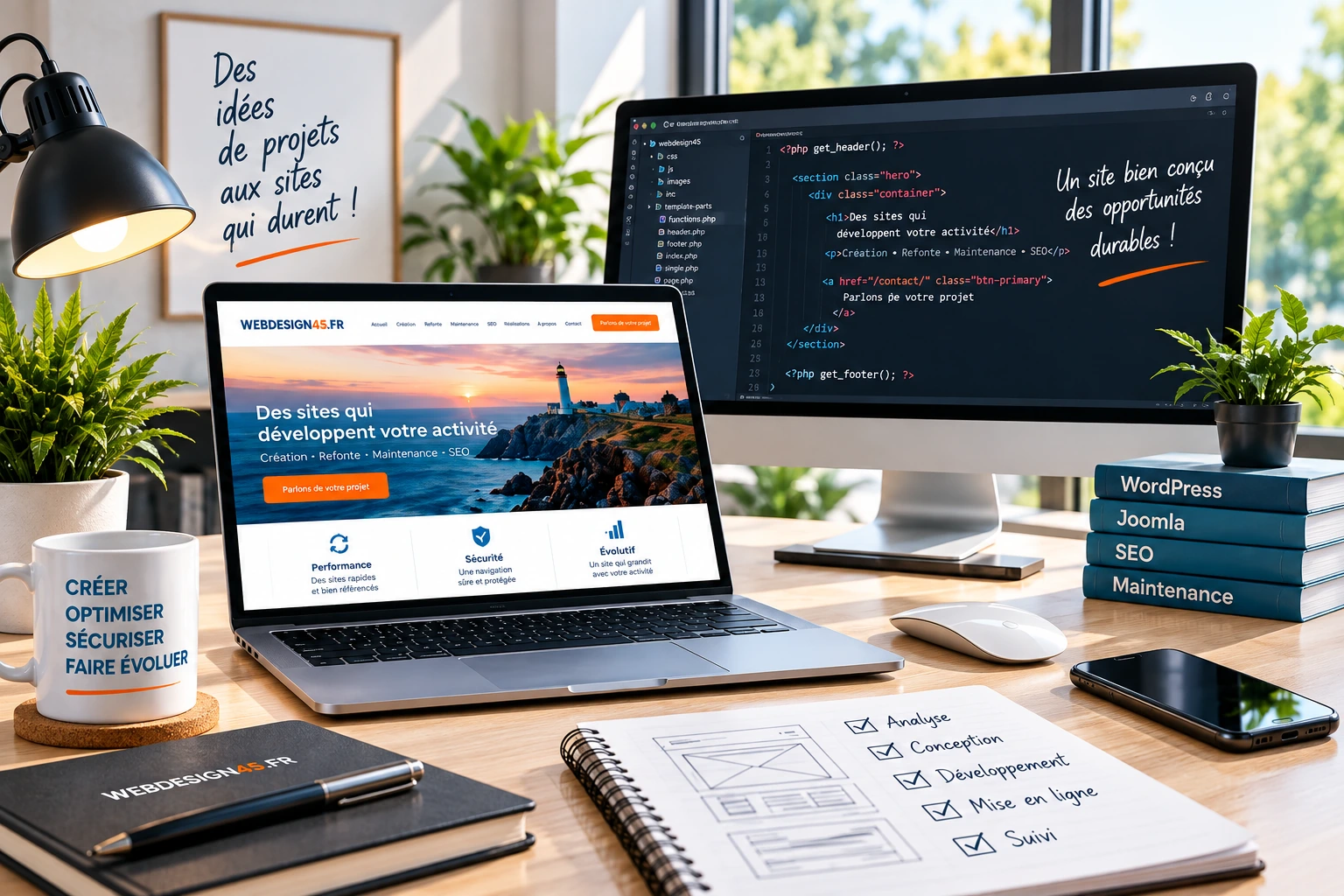 Espace de travail d’un webmaster avec ordinateur, code et site internet