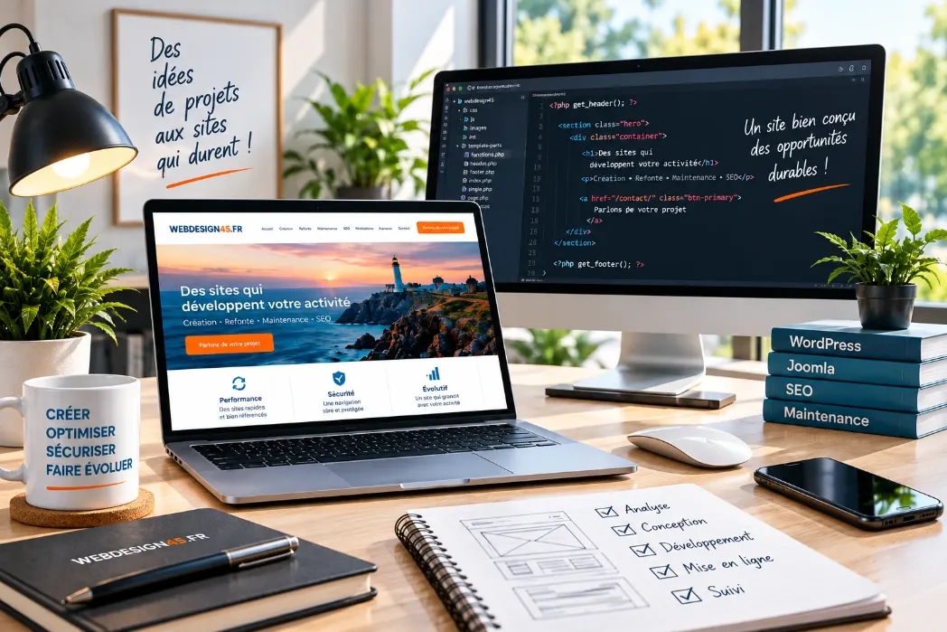 Espace de travail d’un webmaster avec ordinateur, code et site internet